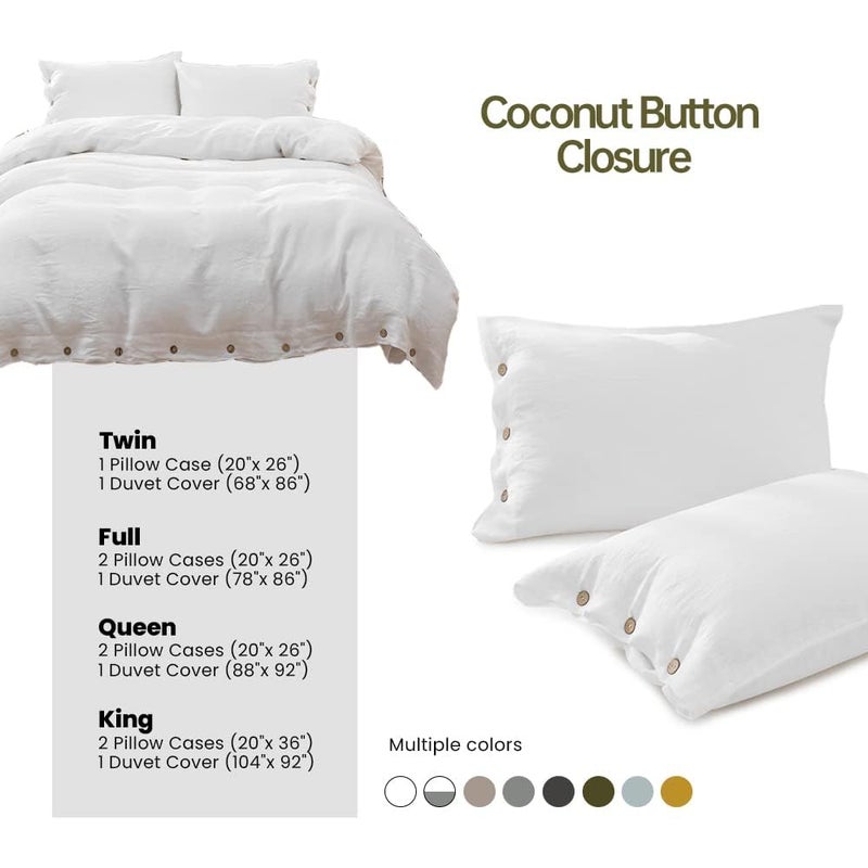 Simple&Opulence 100% Washed Linen Duvet Cover, 3 Pieces Natural Flax French Country Bedding Set, Breathable Farmhouse Comforter Cover with Coconut Button Closure(King,White) - Image 3